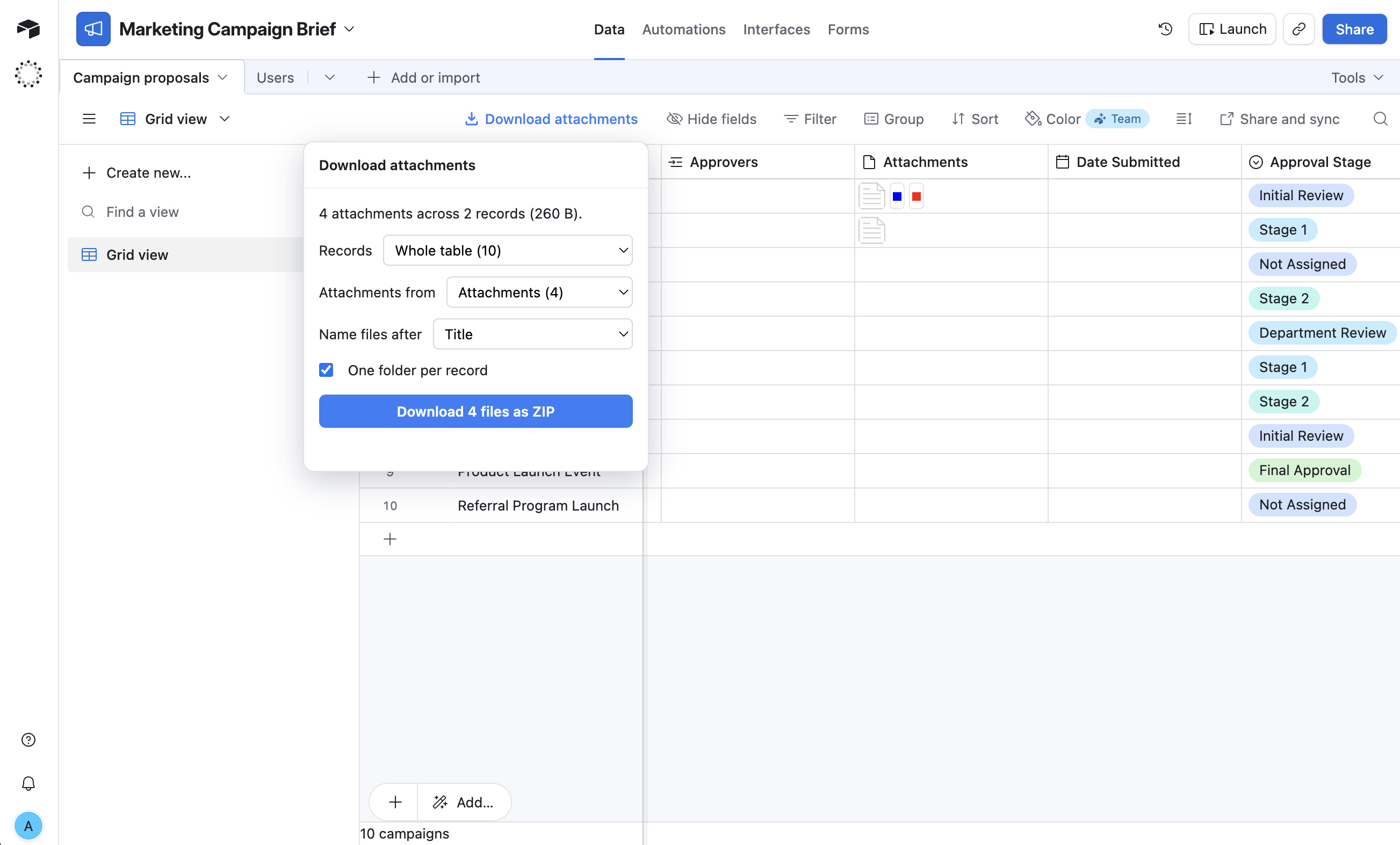 The Download attachments panel open in an Airtable table